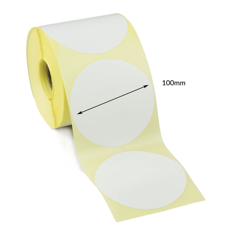 100mm Diameter Circle, Direct Thermal Labels, Permanent adhesive. 100 Rolls of 500 labels - 50,000 labels.